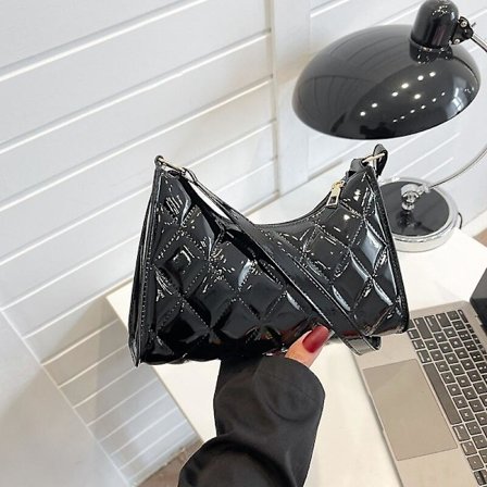 Handväska väskor för kvinnor Retro Casual Tote väskor Axelväskor Glansig Solid PU Läder Shopper väska Kvinnlig Rhombic Lyx Designer Handväskor(Svart 