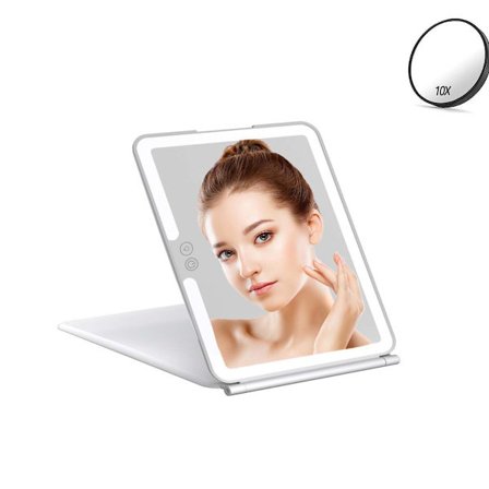 Stort LED Makeupspejl med 10x Forstørrelse - Bærbart Fladt Vanity Spejl