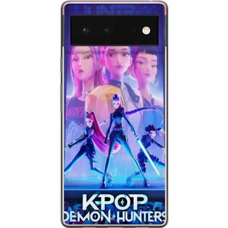 Google Pixel 6 Gjennomsiktig deksel K-Pop Demon Hunters handling med futuristiske heltinner, neonlys og animeenergi som skaper en dramatisk og visuelt