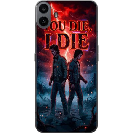 Kompatibelt Mobilskal till Nothing CMF Phone 1 Stranger Things-inspirerat motiv med två unga män, röd blixtfylld himmel, mörk fantasykänsla, dram