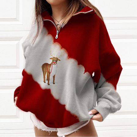Kvinnor Print T-shirt Dragkedja Color Block Christmas Sweatshirt