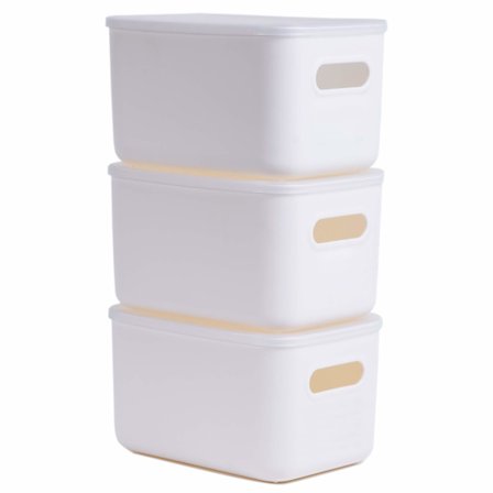 Sæt med 3 opbevaringsbokse, stablebare kurve med gennemsigtige låg, holdbare opbevaringsbokse i plast med håndtag til skrivebord, hylder, skab, køkken