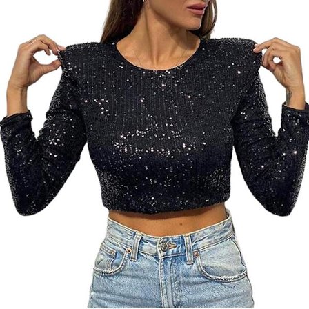 Y2k Party Paljett Crop Top Topper, Langermet Bluse Skjorte, Elegant 90-talls Vintage Stil Jakke, Slim Fit O-hals T-skjorte. Svart S