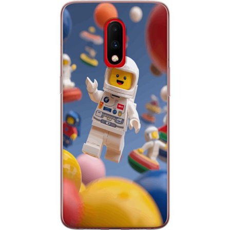 Kompatibelt Mobilskal till OnePlus OnePlus 7 LEGO-inspirerad astronautfigur i rymden bland färgglada planeter, lekfull 3D-illustration för barnrum,