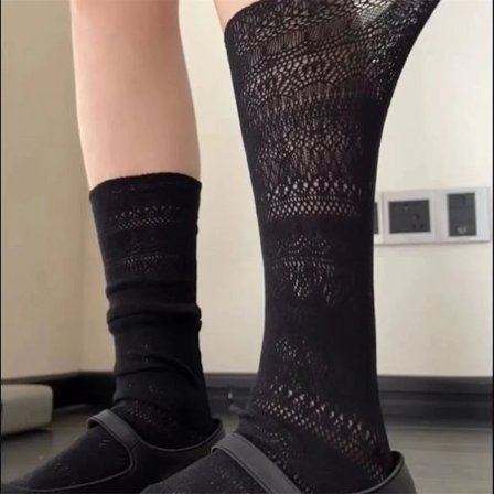 Sorte gennemsigtige blondesokker til kvinder, retro strikkede silkesokker med blomster, hvide mid-calf sokker