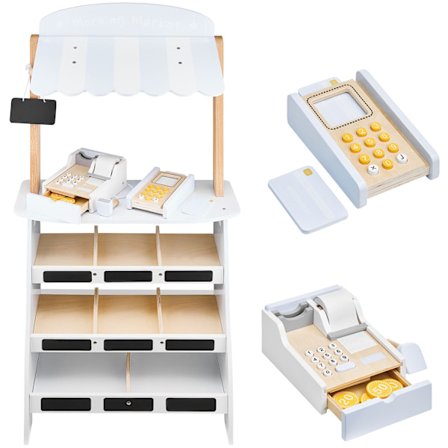 Træ Markedsbod m. Kasse og Terminal til Børn