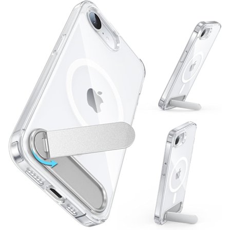 För iPhone 16e 6.1-tum med Magnetisk Roterbar Slim Kickstand Kompatibel med MagSafe Kristallklar Stötsäker Skyddande Telefonskal