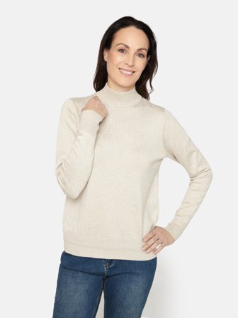 JENSEN - Langærmet Strik - Beige Melange - Høj Hals