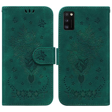 Til Samsung Galaxy A41 Sommerfugl Rose Præget Læder Telefon Cover