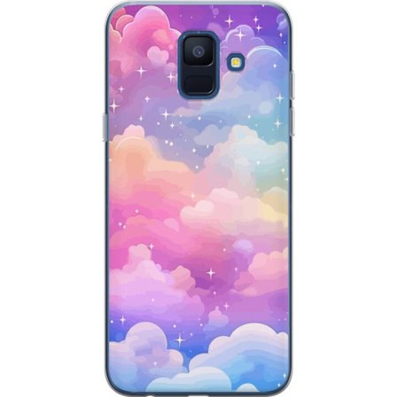 Kompatibelt Mobildeksel til Samsung Galaxy A6 (2018) Søt enhjørning med regnbuefarget hår mot en stjernebelagt pastellbakgrunn i kawaii-stil