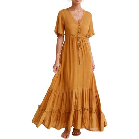 ivimos Dam Sommar Bomull Kortärmad V-hals Blommig Tryck Casual Bohemian Midiklänningar Ginger Small