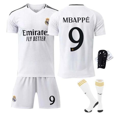 2425 Real Madrid fodboldtrøje Mbappe trøje sæt med sokker+Beskyttende udstyr 26(140-150cm)