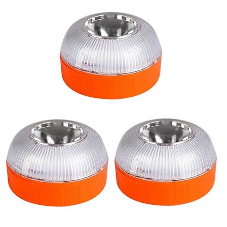 Tre V16 LED-nødblink, hvide og gule advarselslys, med magnetisk base, trafiksikkerhedslys.