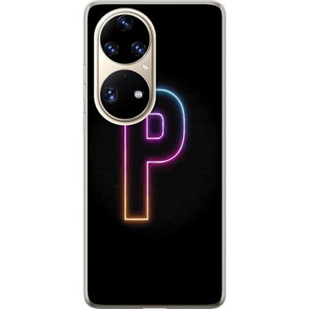 Kompatibel Mobilcover til Huawei Huawei P50 Pro Minimalistisk neonbogstav P i farvegradient og lyseffekt mod sort baggrund i digital neonstil