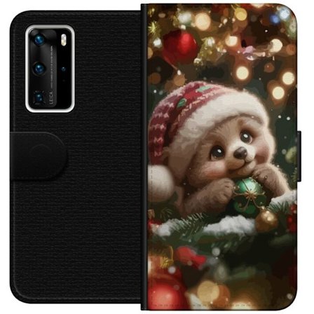 Huawei P40 Pro Tegnebogsetui Sød julebjørn med hat, der holder kugler