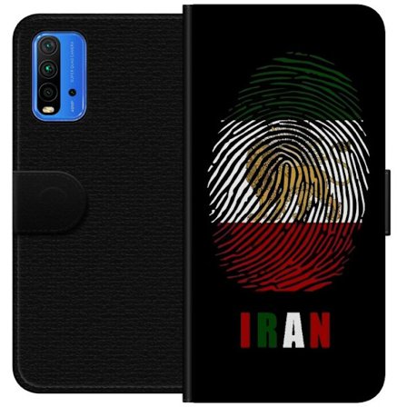 Yhteensopiva Lompakkokotelo Xiaomi Redmi Note 9 4G Sormenjälkien muoto kuten Iranin lippu, jossa leijonamotivit mustalla dramaattisella taustalla