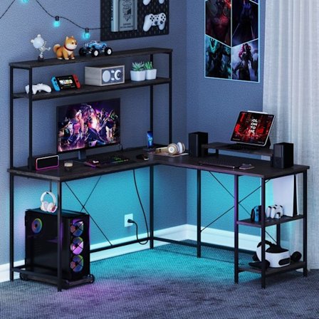 COSTWAY Käännettävä Kulmalaudan - RGB Valot - Pistorasiat - Näytön ja CPU:n Teline - Hyllyt Harmaa