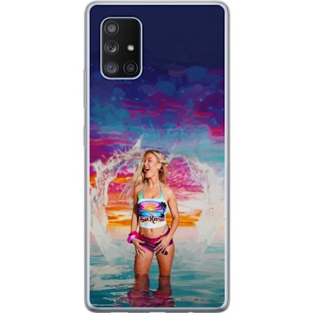 Kompatibelt Mobildeksel til Samsung Galaxy A71 5G Blond kvinne i fargerik strandantrekk som leker i havet ved solnedgang