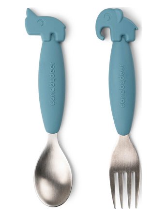 Done by Deer Easy-Grip Spoon And Fork Set Deer Friends Blue - Blue - H:14.4CM