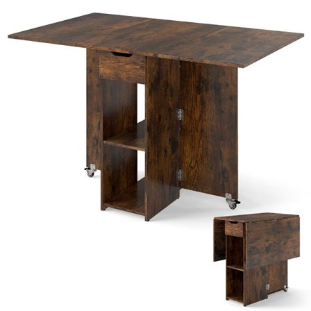 Kokoontaitettava ruokapöytä pyörillä, hyllyillä ja laatikolla