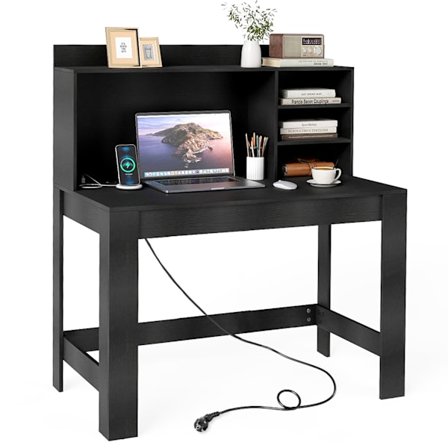 Svart datorbord med hylla, eluttag och kabelhantering