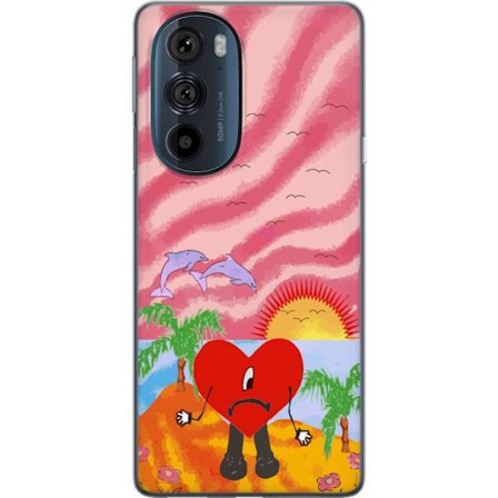 Kompatibelt Mobildeksel til Motorola Edge 30 Pro Bad Bunny i en fargerik quiltet jakke med hjertemønster og solbriller i moderne gatestil