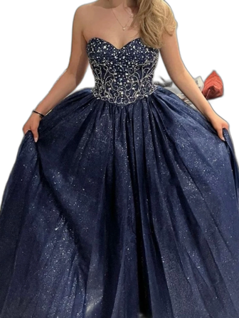 Marinblå glittrig balklänning med snörning
