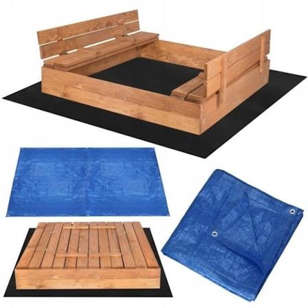 Springos Puinen hiekkalaatikko penkeillä 150 x 150cm Kuitukangas lattiapeite Kyllästetty puu Lasten hiekkalaatikko Leikkialue kastanj