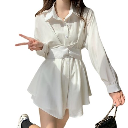 Belted Button up Collar Summer Short Shirt Dress (Hvid)