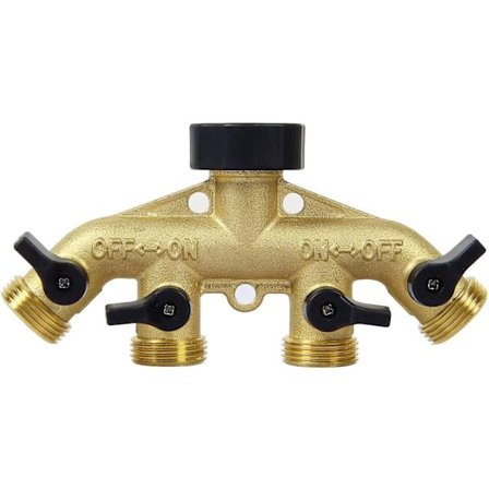 4-vejs messinghanegrenrør med individuelle til/fra-ventiler, hane-adapter til have, genanvendelig