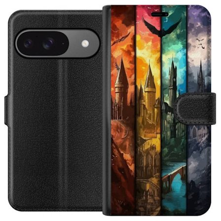 Kompatibel Tegnebogsetui til Google Google Pixel 9 Pro Fire magiske slotte i forskellige elementfarver, episk fantasykunst med ild vand luft og mørke