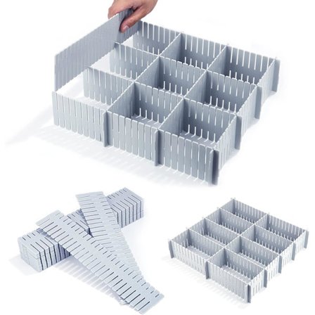 Skuffesorter, (Grå) 24 stk. Skuffeskiller, Justerbar, Skuffesektionsopdelere til Undertøj, Strømper, Kontorartikler osv.