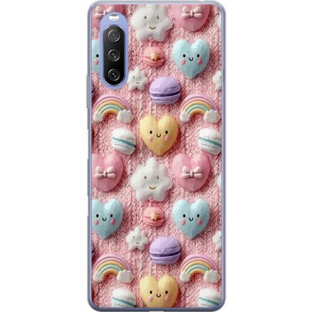 Yhteensopiva Puhelinkuori Sony Xperia 10 III Lite Pastellimotiiivi sydämillä, pilvillä, sateenkaarilla ja makaronseilla vaaleanpunaisella taustalla su