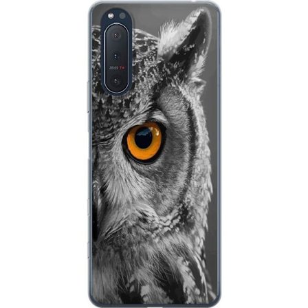 Kompatibel Mobilcover til Sony Xperia 5 II Sort-hvid tæt på billede af en ugle med intens orange øje og detaljeret fjerstruktur.
