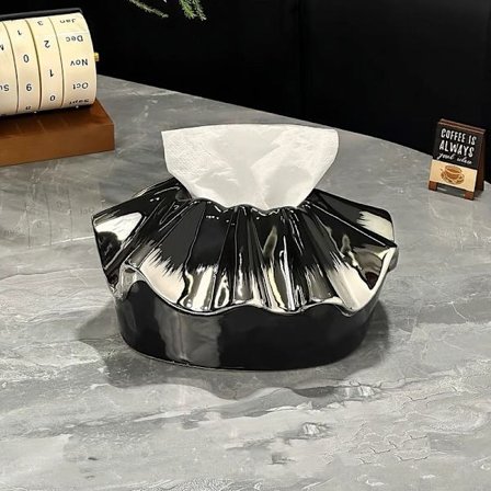 Sort Sølv Rynket Kant Design Glanset Finish Elegant Keramisk Kleenexboks Holder 21cm x 15.5cm x 9cm Moderne Hjemmekontor Dekorativ 