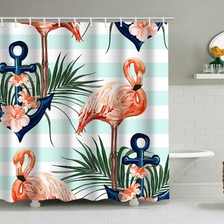 Dusjforheng med flamingomønster, vanntett polyesterstoff, med 12 kroker, egnet for bruk på bad