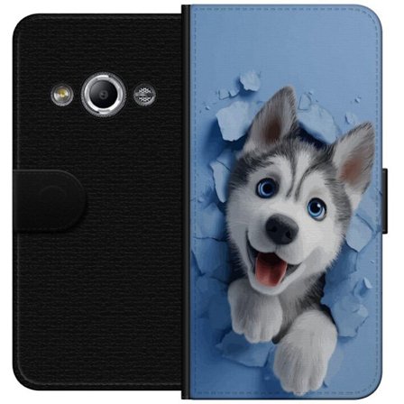 Kompatibel Tegnebogsetui til Samsung Galaxy Xcover 3 Sød og realistisk hvalpehusky der bryder igennem væggen i et charmerende dyremotiv, perfekt til