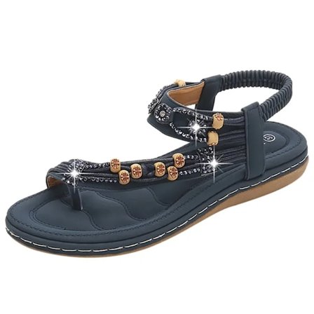 Boheme Sandaler til Kvinder 2025 Retro Detaljer med Rhinestones og Perler Rund Tå og Flad