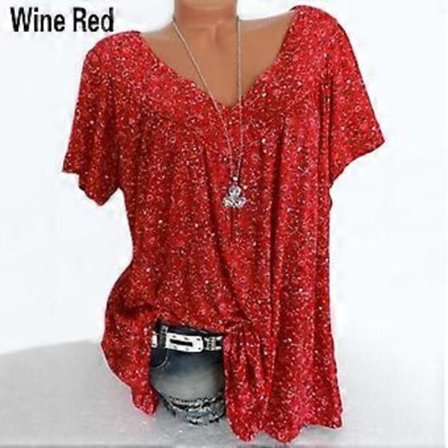 Dam Plus Size Tryckt Kortärmad T-shirt V-ringad Topp Sommar Ledig Lös (3XL vinröd)
