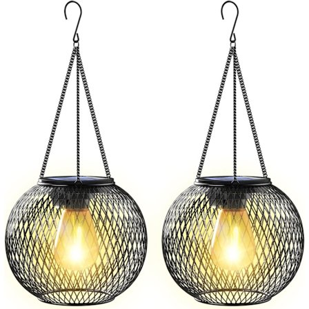 2 Pak Solcellelanterne Udendørs Have med IP65 Vandafvisende Hængende Solcellelys Automatisk Til/Fra Metal Havekunst Havelys