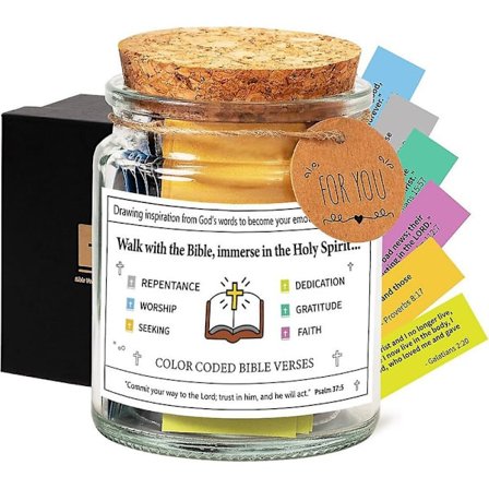 Toivonpurkki Raamatun jakeet, lasinen rukouspurkki 90 värityskirjoituksella, Raamatun jakeita purkissa, ravitse sielua Jumalan sanalla