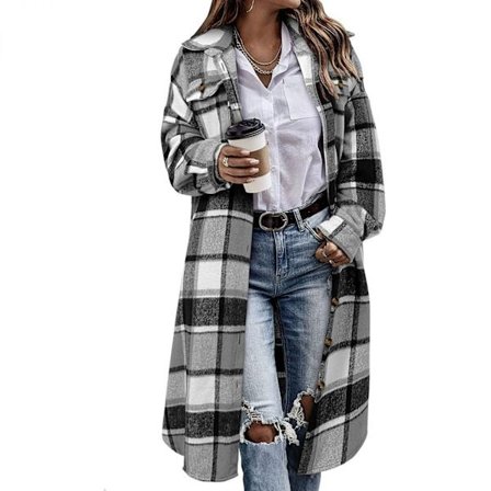 Lang flannel plaid jakke shacket til kvinder, hyggelig reversknap ned skjortejakke fuzzy trenchcoat