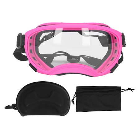 Hundesolbriller med UV-beskyttelse, PC-vindtett, komfortable og ventilerte kjæledyrssolbriller for hunder, valper, rosa ramme, transparente linser