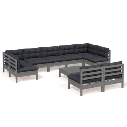 Vidaxl Loungegrupp Med Dynor 10 Delar Grå Massiv Furu Grå