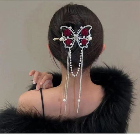 1 stk. Strass Rose Hårklemmer med Kvaster, Hårklemme med Sommerfugl til Hårknude, Glitter Hårnål til Holder Håraccessories til Kvinder