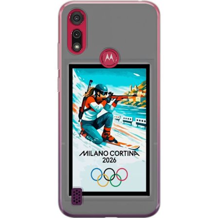 Kompatibelt Mobildeksel til Motorola Moto E6s (2020) Retroplakat Cortina Milano 2026 med fjell, vintersportsutøvere, italienske trikolor, Milano-kated