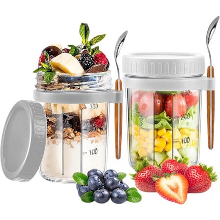 2-pak Overnight Havregrødsglas - Med låg og ske - 355 ml glas - Til opbevaring af havregrød natten over