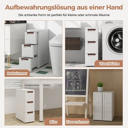 Ohut säilytyskärry pyörillä, 3 laatikkoa, valkoinen, PP-materiaalia