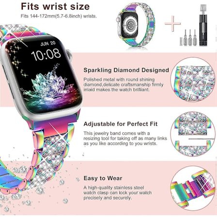 Armbånd for Apple Watch 45mm 44mm 42mm Serie 7 Serie 6 5 4 3 2 1 SE, Bling Erstatningsarmbånd iWatch Armbånd, Diamant Rhinestone Rustfritt Stål Metall