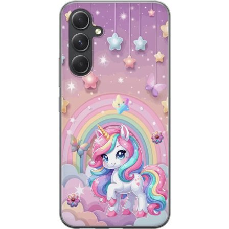 Kompatibel Mobilcover til Samsung Galaxy S24 Magisk enhjørning med regnbue manke, stjerner og sommerfugle mod en pastelfarvet himmel med skyer